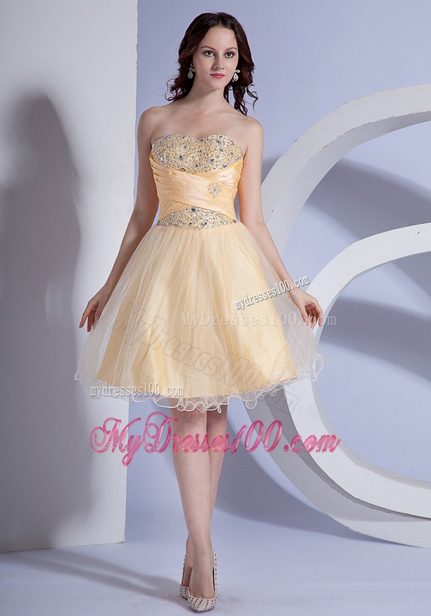 Rhinestones Decorated Bodice for A-line Light Yellow Prom Evening Dress