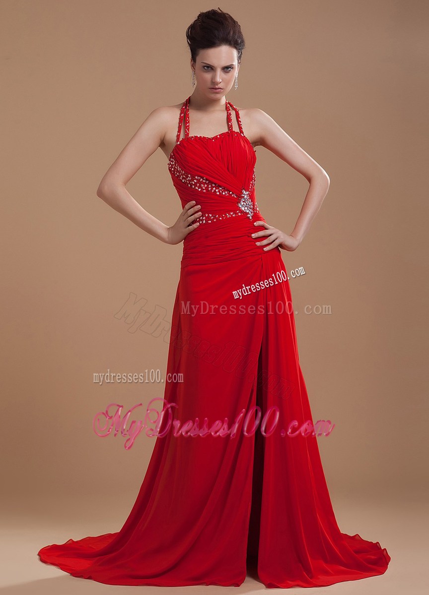 Halter Beading Pleats Ruches Side Slit Accent Prom Dress in Wine Red