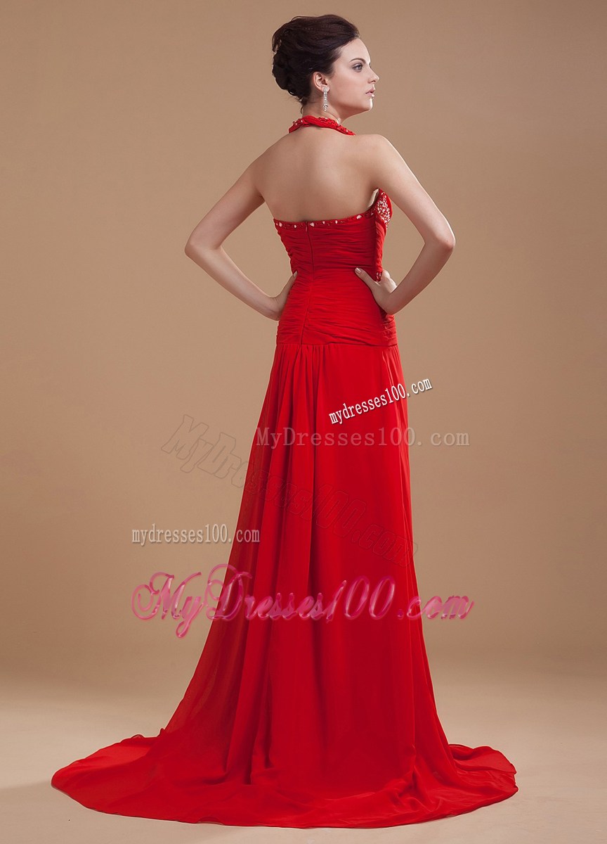 Halter Beading Pleats Ruches Side Slit Accent Prom Dress in Wine Red