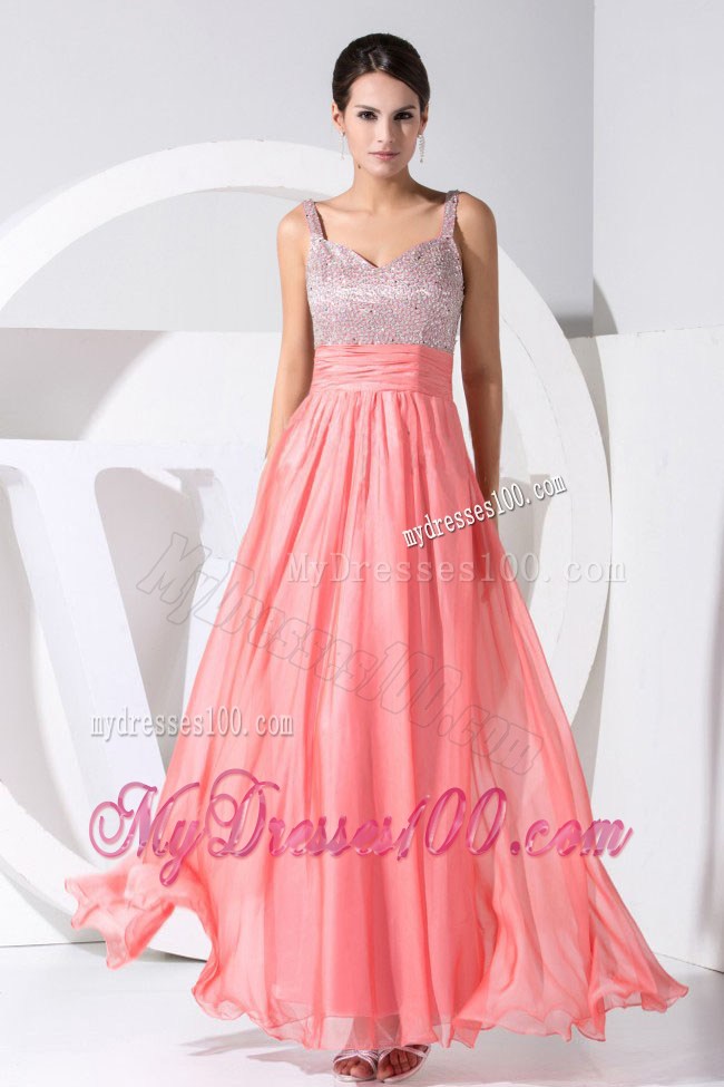Watermelon Red Straps Floor-length Prom Evening Dress with Back Out