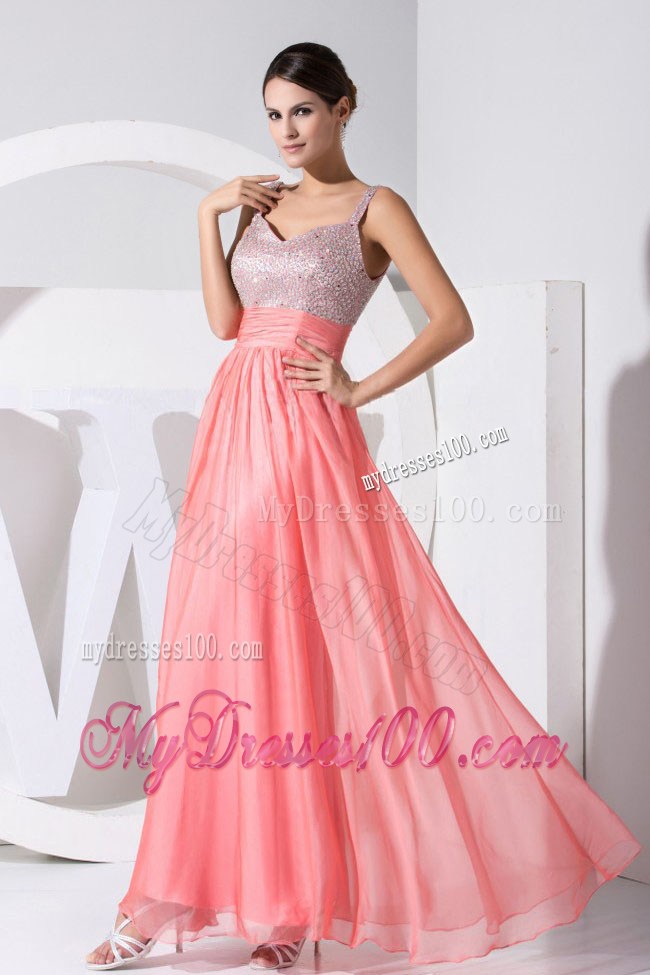 Watermelon Red Straps Floor-length Prom Evening Dress with Back Out
