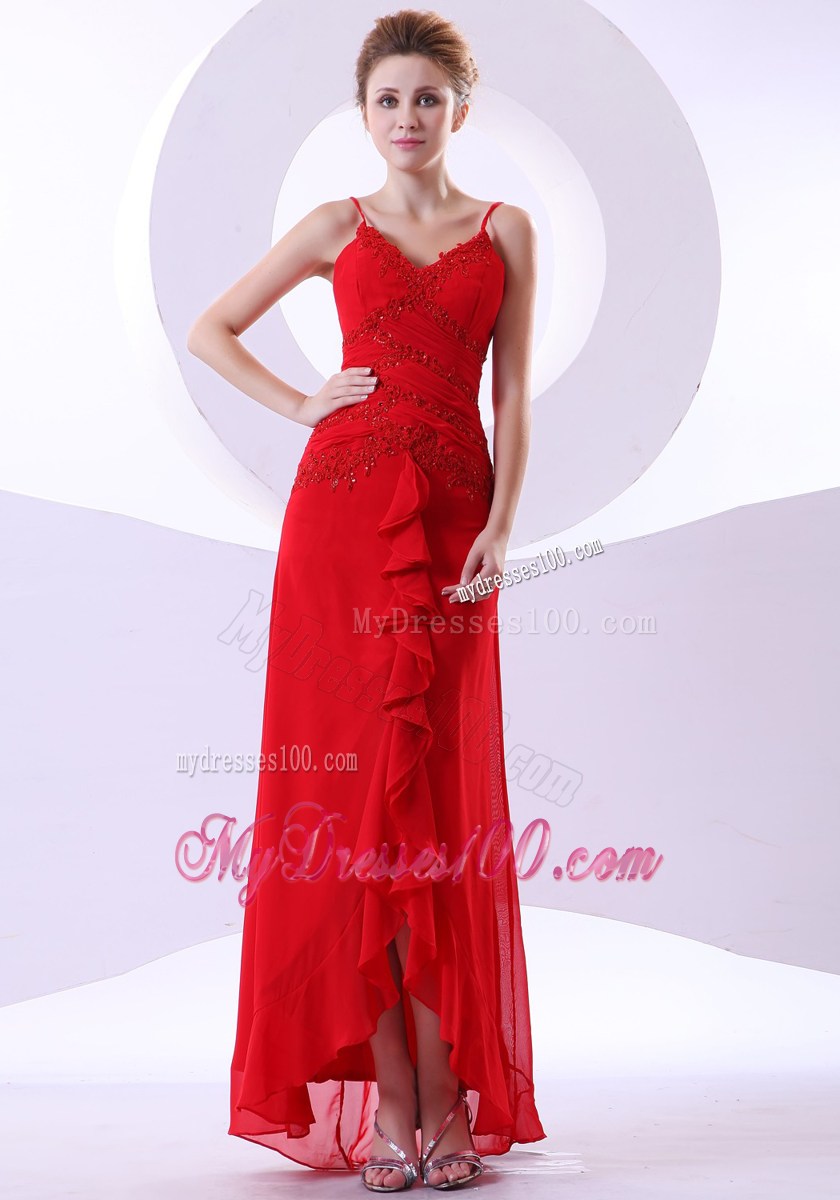 Straps and Beaded Bodice for Red Ankle-length Prom Gown with Ruffles