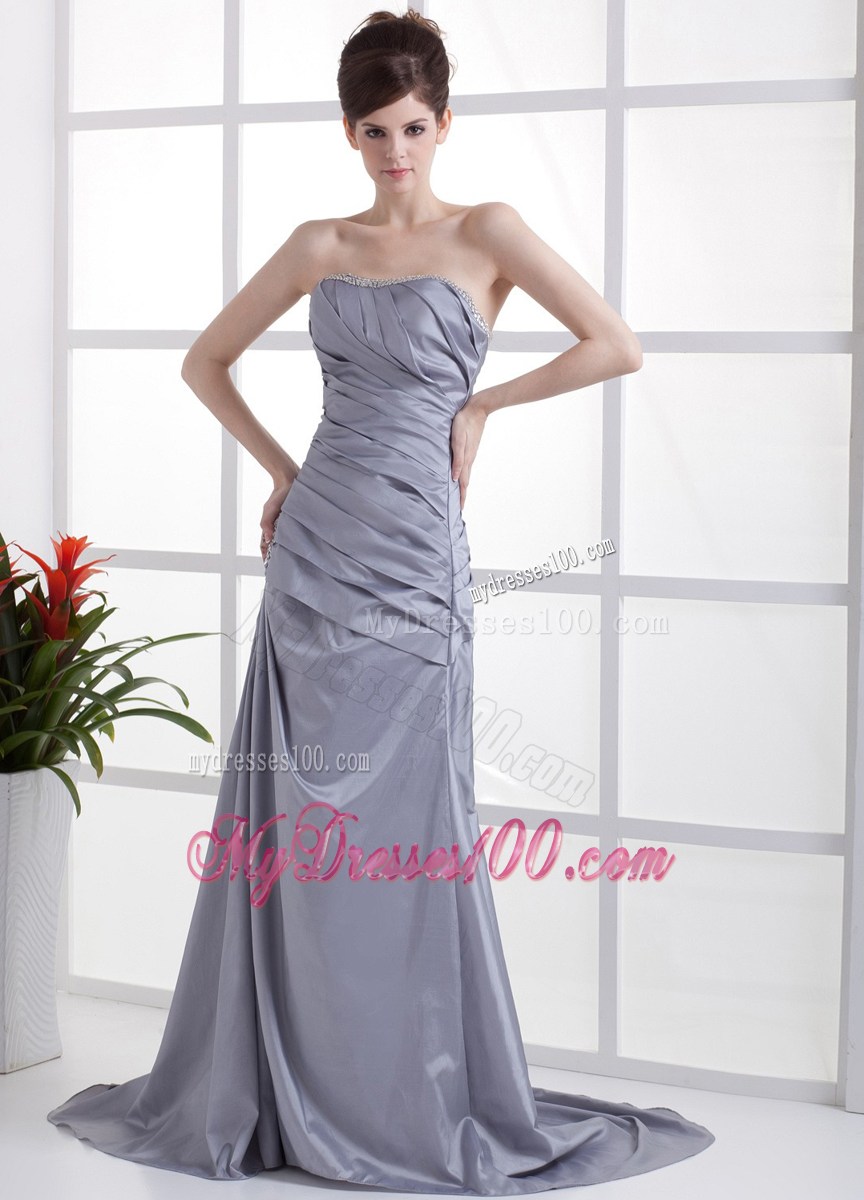 Beading and Ruches Accent Sweetheart Grey Column Prom Dresses with Brush Train