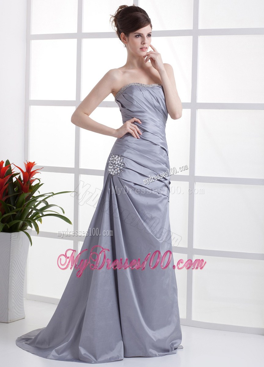 Beading and Ruches Accent Sweetheart Grey Column Prom Dresses with Brush Train