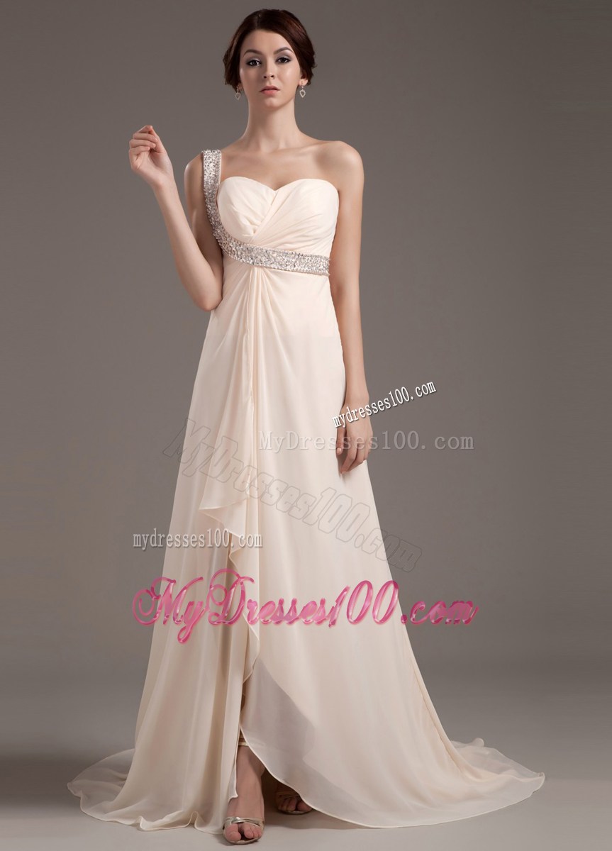 Ruffled and Pleated Champagne Chiffon Prom Dress with Beading and One Shoulder