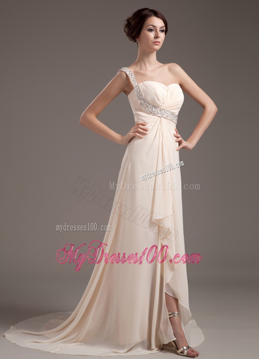 Ruffled and Pleated Champagne Chiffon Prom Dress with Beading and One Shoulder