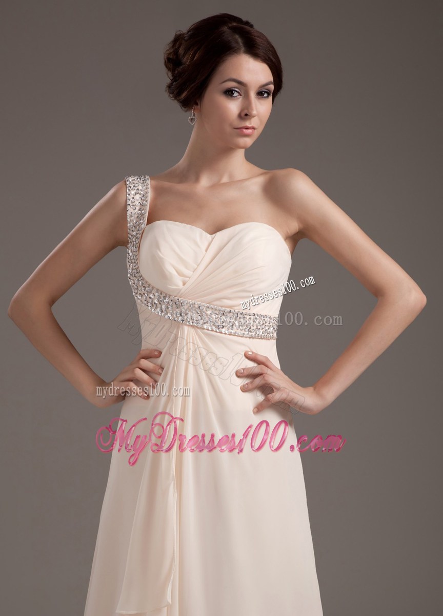 Ruffled and Pleated Champagne Chiffon Prom Dress with Beading and One Shoulder