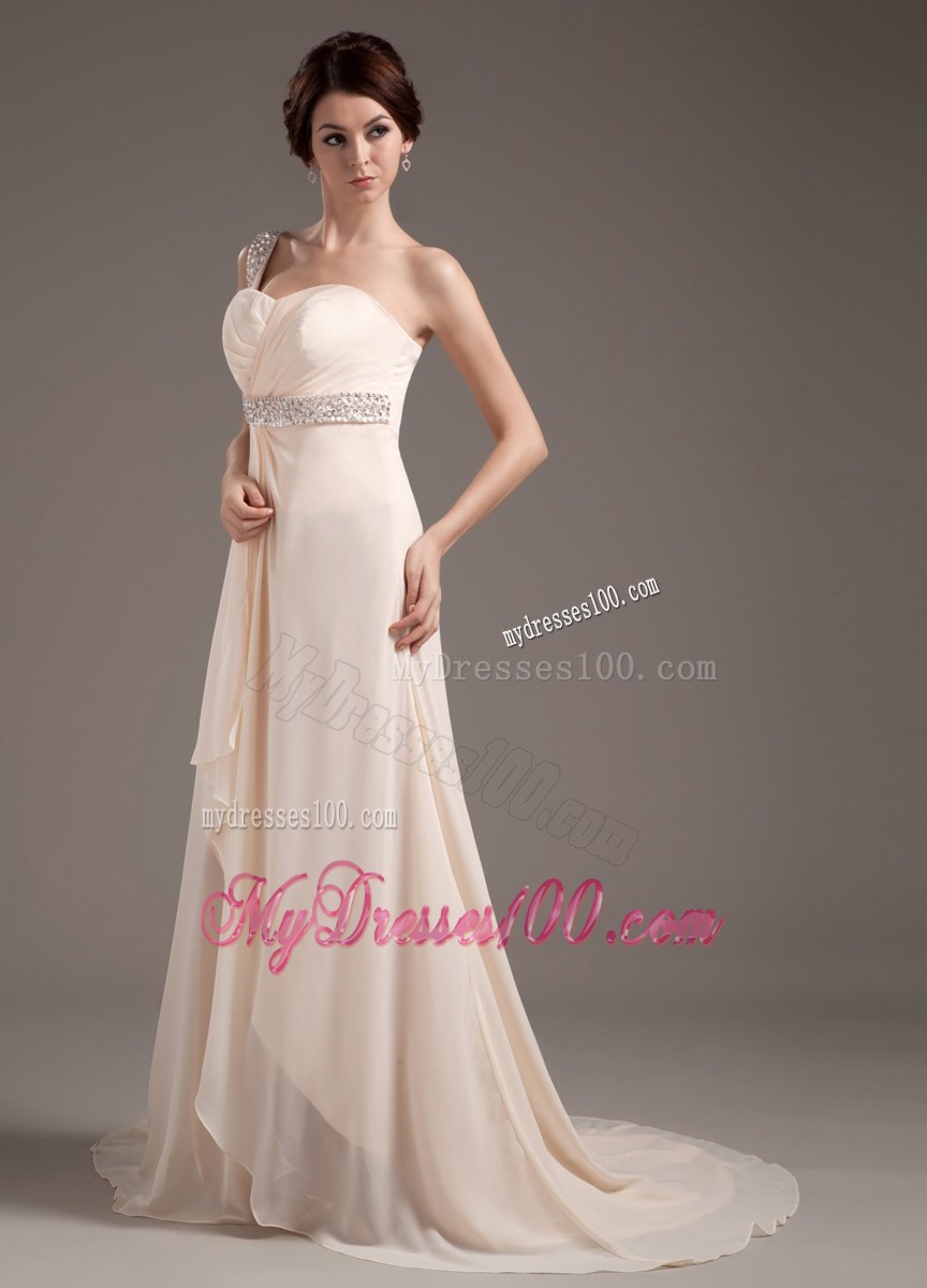 Ruffled and Pleated Champagne Chiffon Prom Dress with Beading and One Shoulder