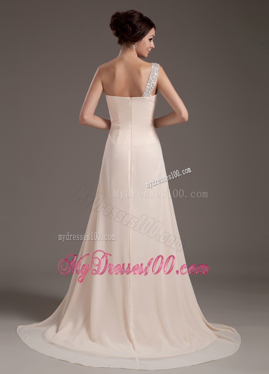 Ruffled and Pleated Champagne Chiffon Prom Dress with Beading and One Shoulder