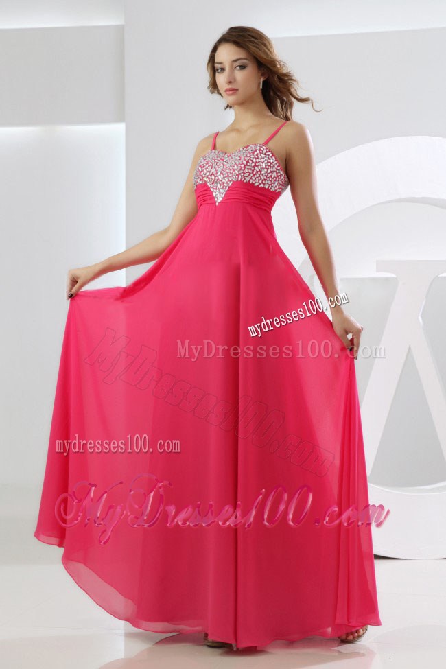 Straps Empire Chiffon Floor-length Beaded Prom Dress in Hot Pink