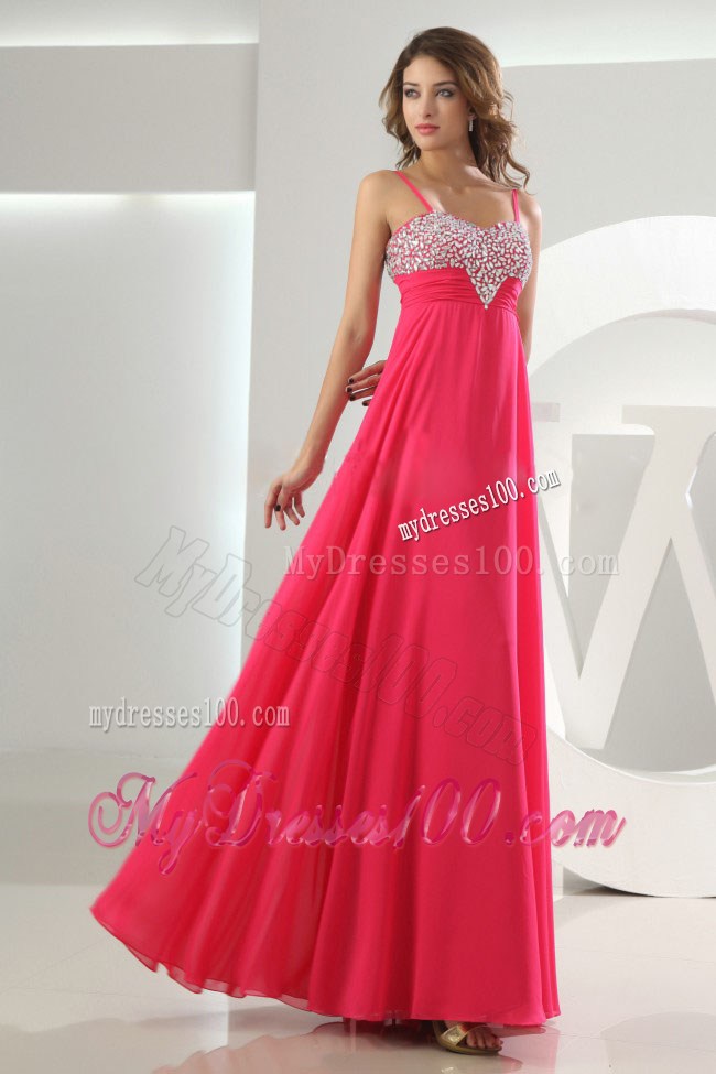 Straps Empire Chiffon Floor-length Beaded Prom Dress in Hot Pink