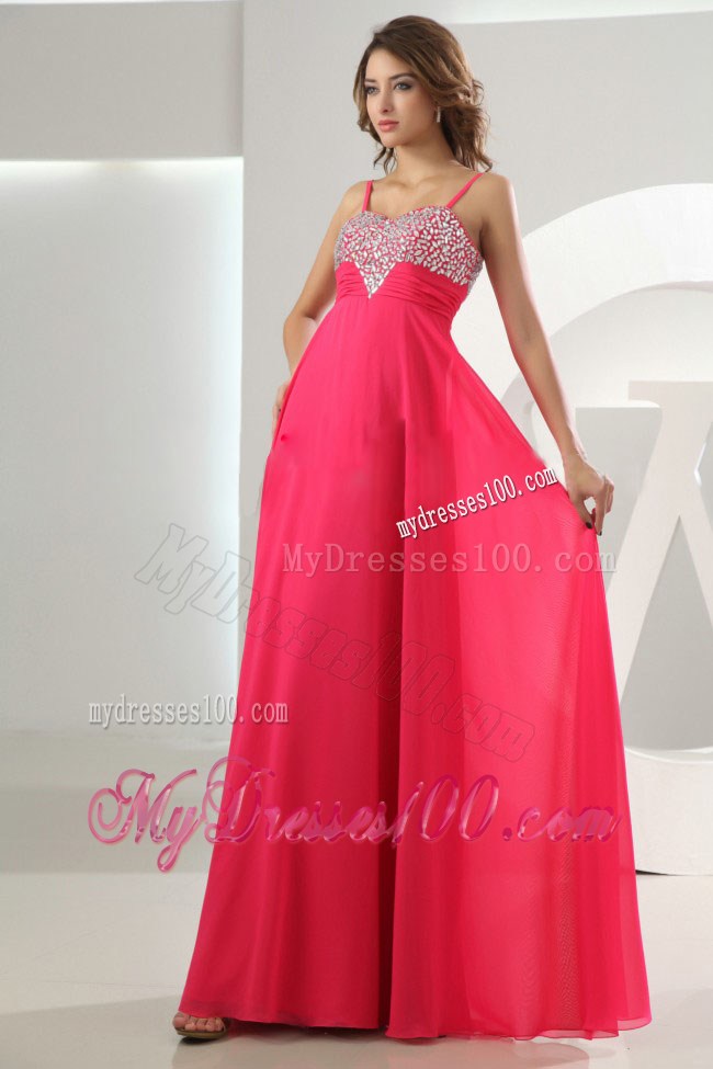 Straps Empire Chiffon Floor-length Beaded Prom Dress in Hot Pink