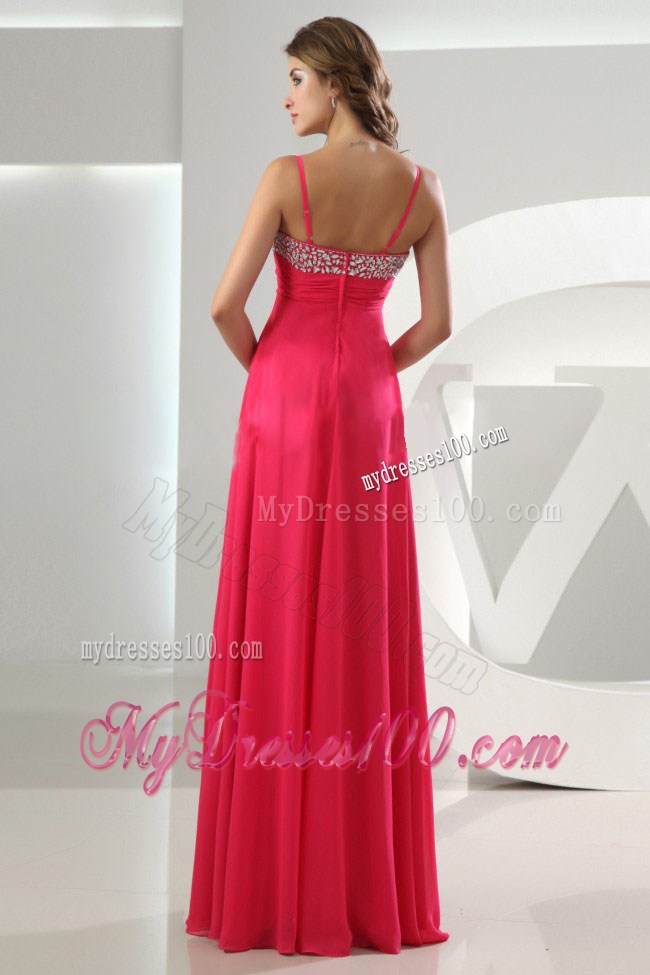 Straps Empire Chiffon Floor-length Beaded Prom Dress in Hot Pink