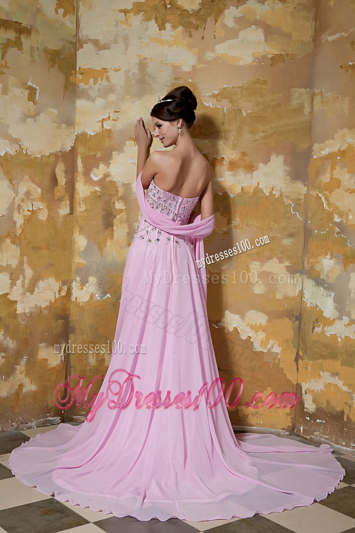 Noble Beading Accent Dresses for Prom Court Train Prom Gown in Baby Pink