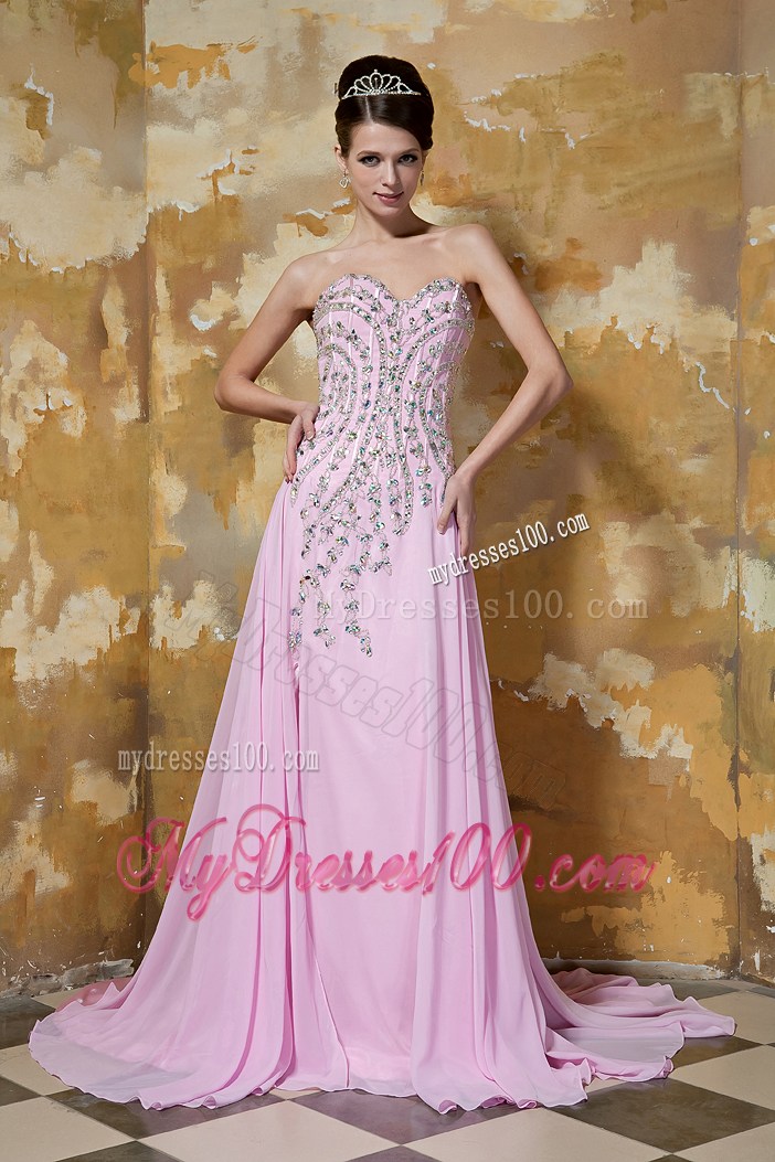 Noble Beading Accent Dresses for Prom Court Train Prom Gown in Baby Pink