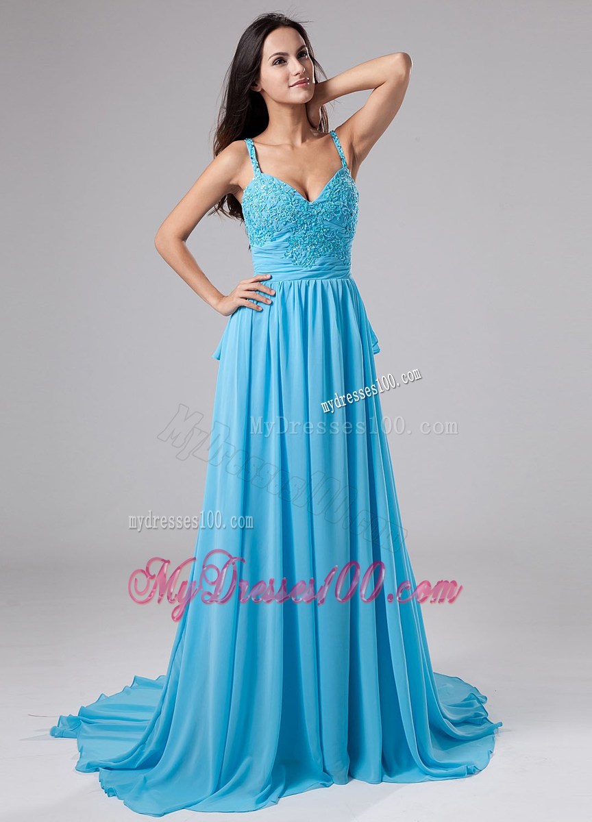 Straps Beading Aqua Blue Chiffon Court Train Prom Dress with Pleats