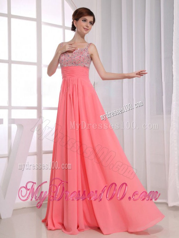 Empire Straps Watermelon Chiffon Floor-length Prom Dress with Beading