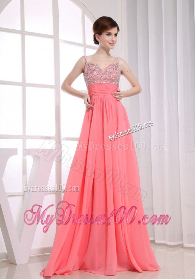 Empire Straps Watermelon Chiffon Floor-length Prom Dress with Beading