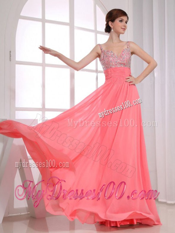 Empire Straps Watermelon Chiffon Floor-length Prom Dress with Beading