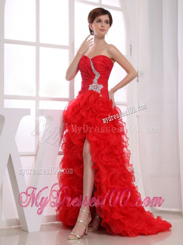 Mermaid Sweetheart High-low Red Prom Dress with Ruffles and Beading
