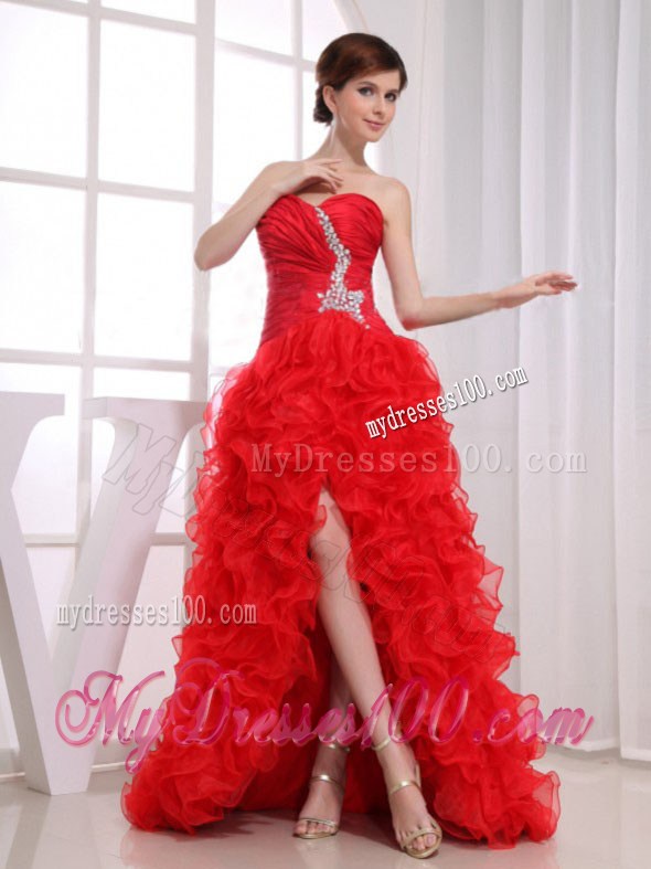 Mermaid Sweetheart High-low Red Prom Dress with Ruffles and Beading