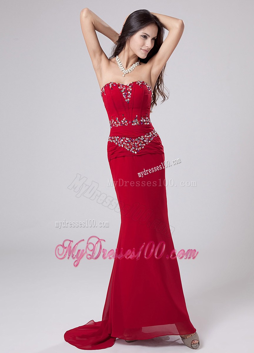 Beading Decorate Bodice Strapless Mermaid Chiffon Prom Gown in Wine Red