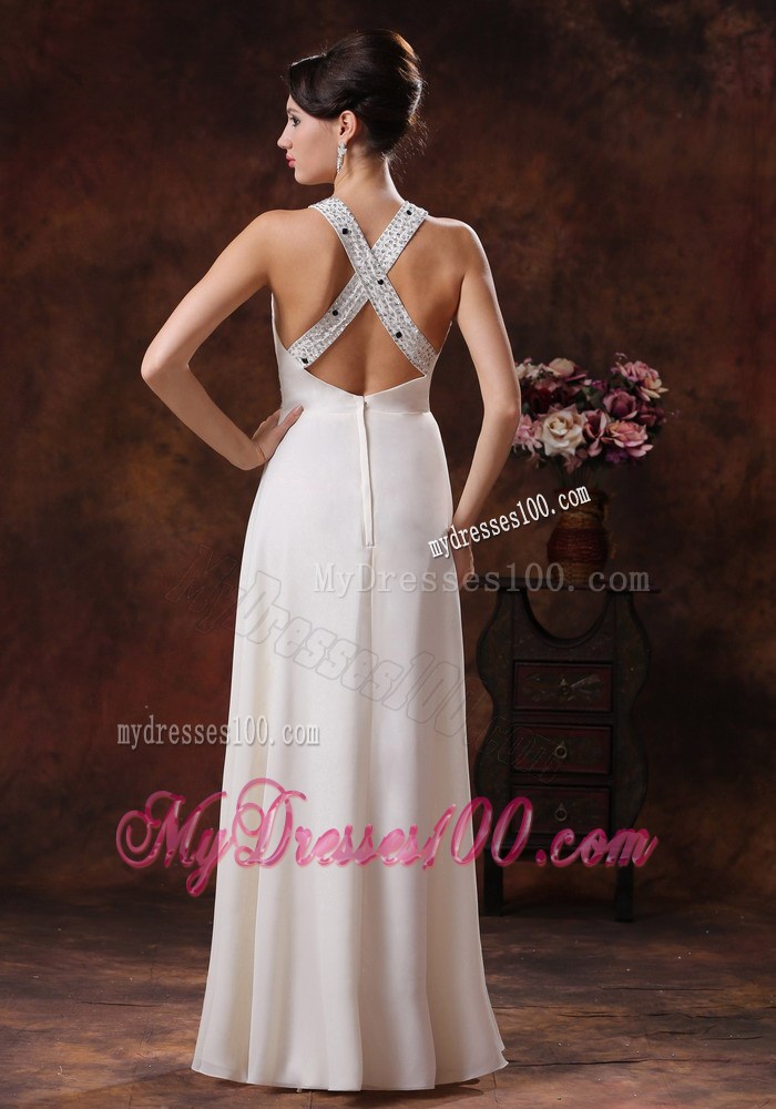 Beaded Criss Cross Back and Waist Scoop Cream Colored Chiffon Prom Gown