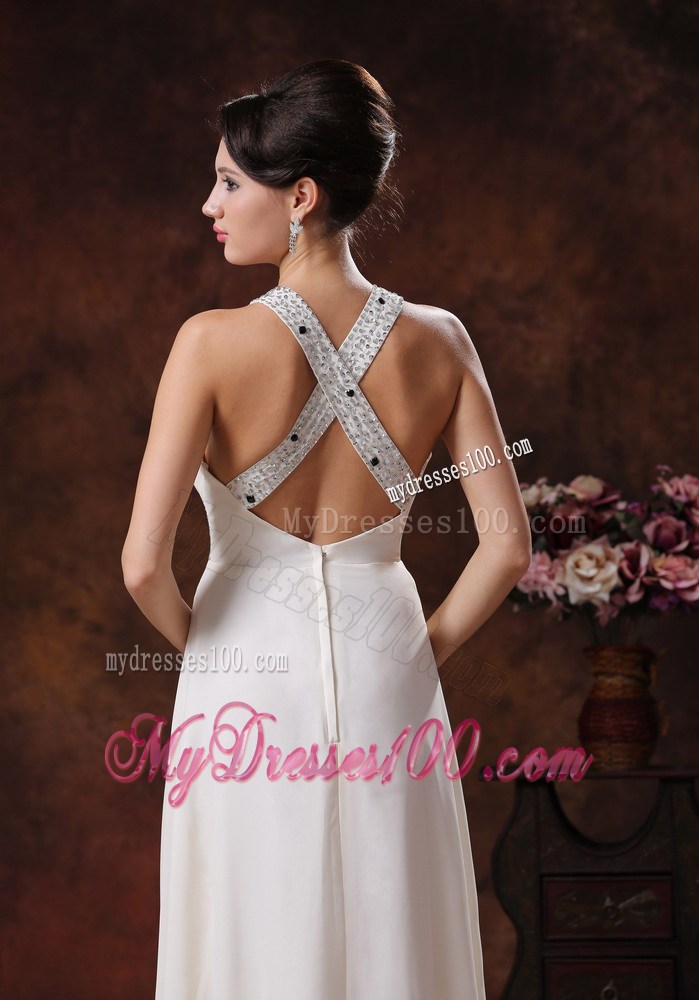 Beaded Criss Cross Back and Waist Scoop Cream Colored Chiffon Prom Gown