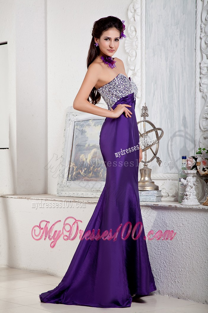 Beading Accent on Chest Mermaid Satin Gown for Prom in Eggplant Purple