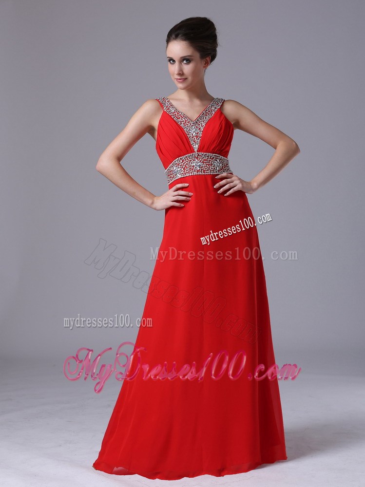Beading Accent On V-neck and Waist Red Chiffon Floor-length Prom Dresses