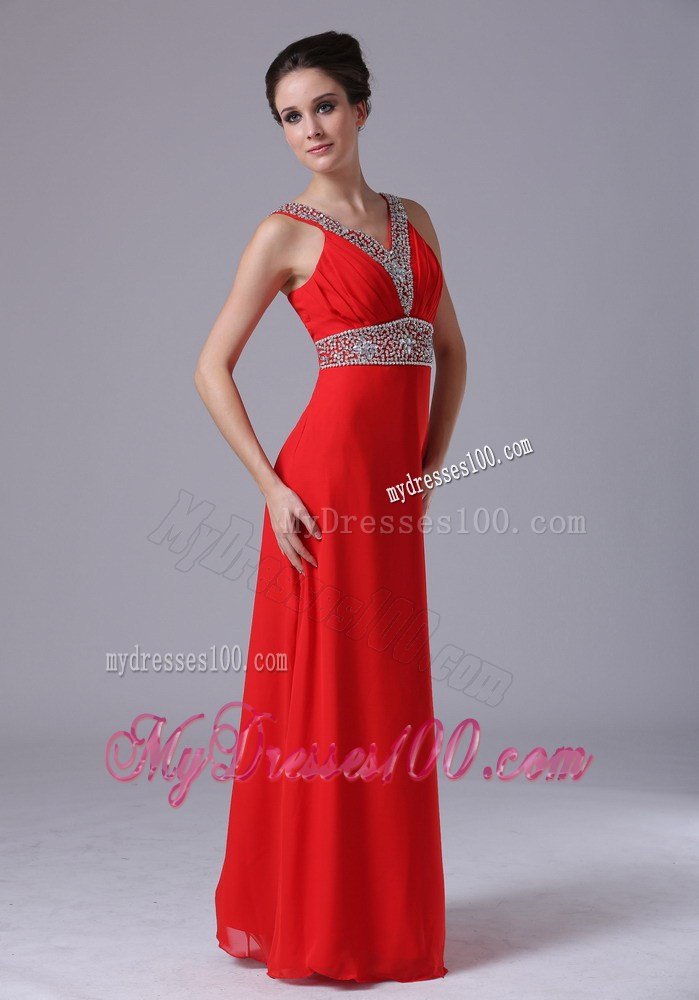 Beading Accent On V-neck and Waist Red Chiffon Floor-length Prom Dresses
