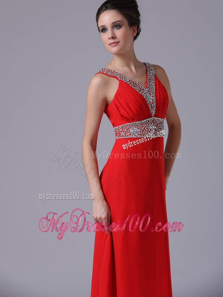 Beading Accent On V-neck and Waist Red Chiffon Floor-length Prom Dresses