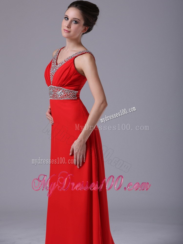 Beading Accent On V-neck and Waist Red Chiffon Floor-length Prom Dresses