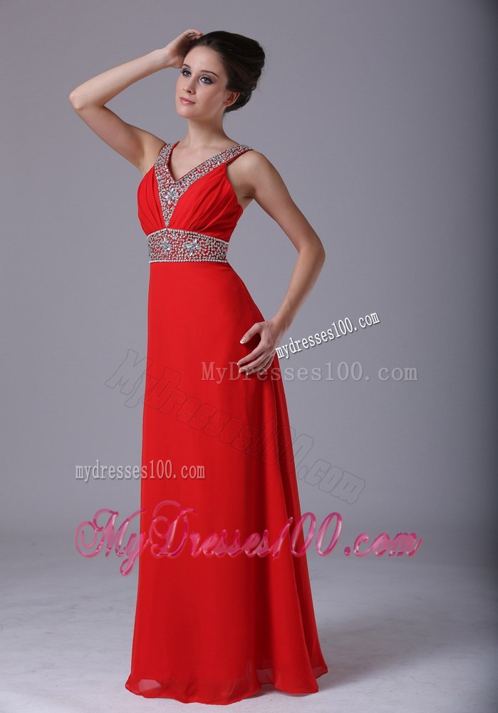 Beading Accent On V-neck and Waist Red Chiffon Floor-length Prom Dresses
