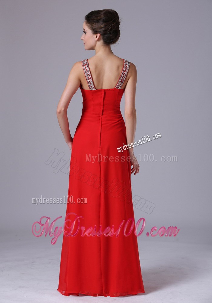 Beading Accent On V-neck and Waist Red Chiffon Floor-length Prom Dresses