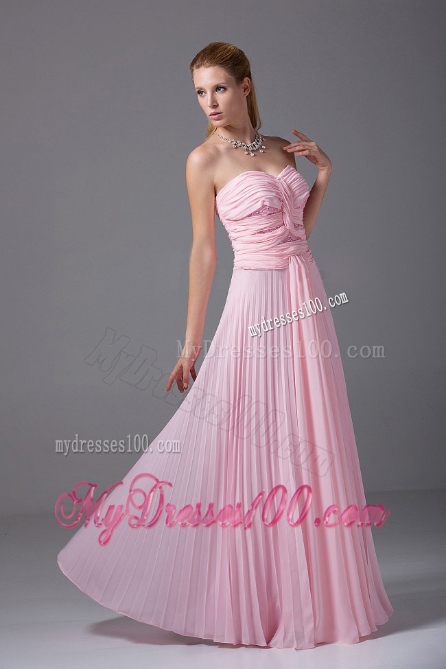 Beading and Ruching Decorate Bodice Pink Chiffon Floor-length