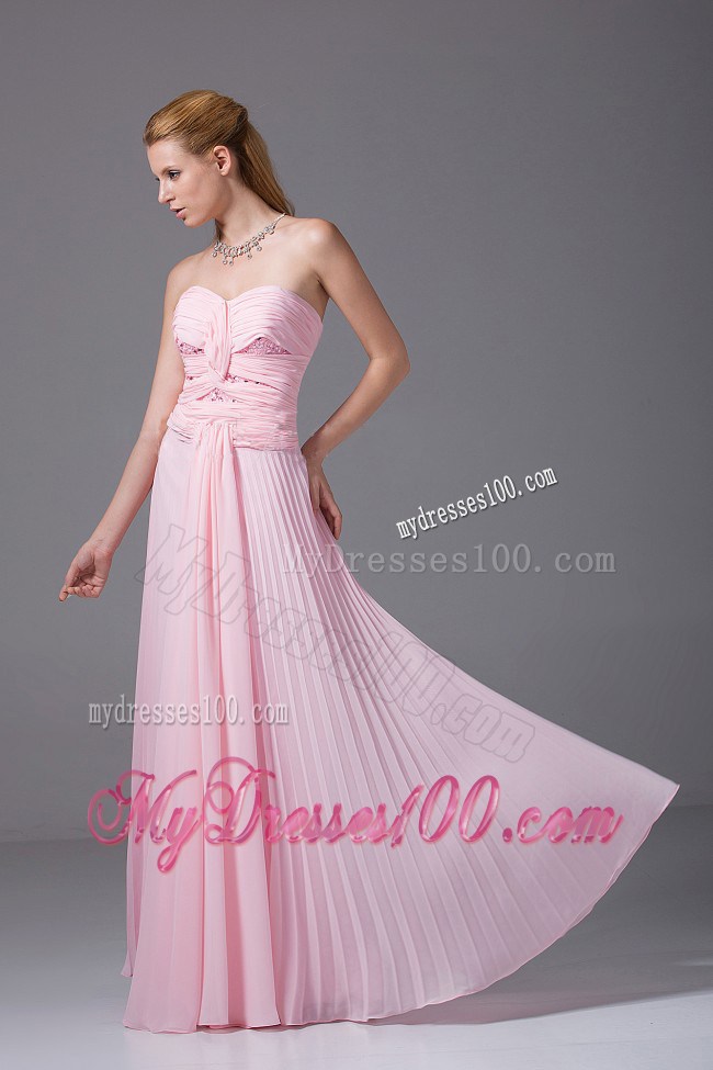 Beading and Ruching Decorate Bodice Pink Chiffon Floor-length
