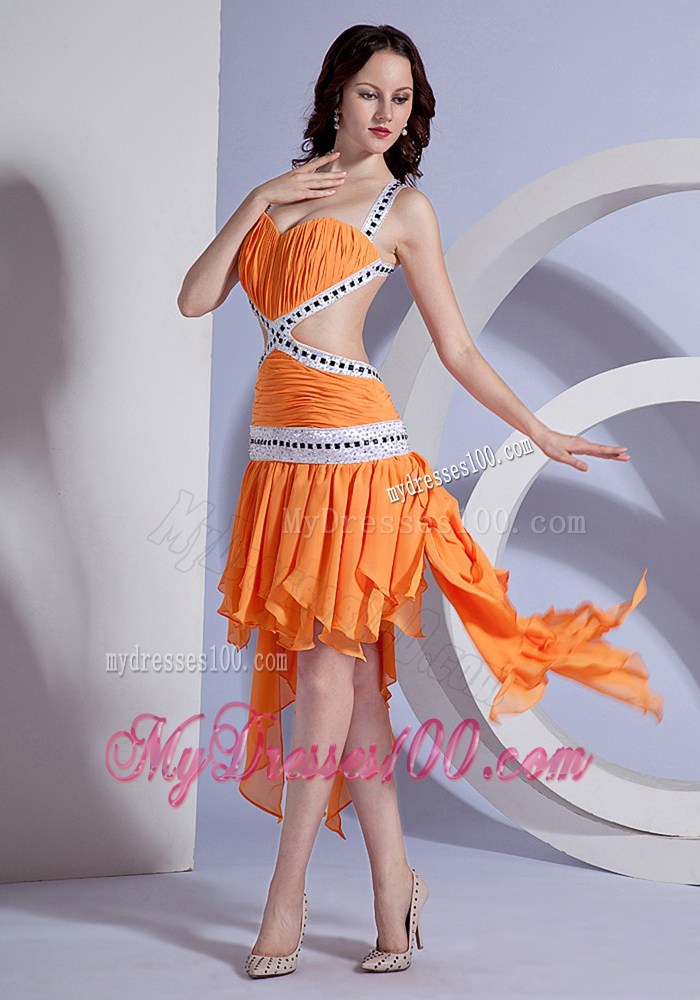 Straps Beaded and Ruched Asymmetrical Prom Dress with Criss Cross Back