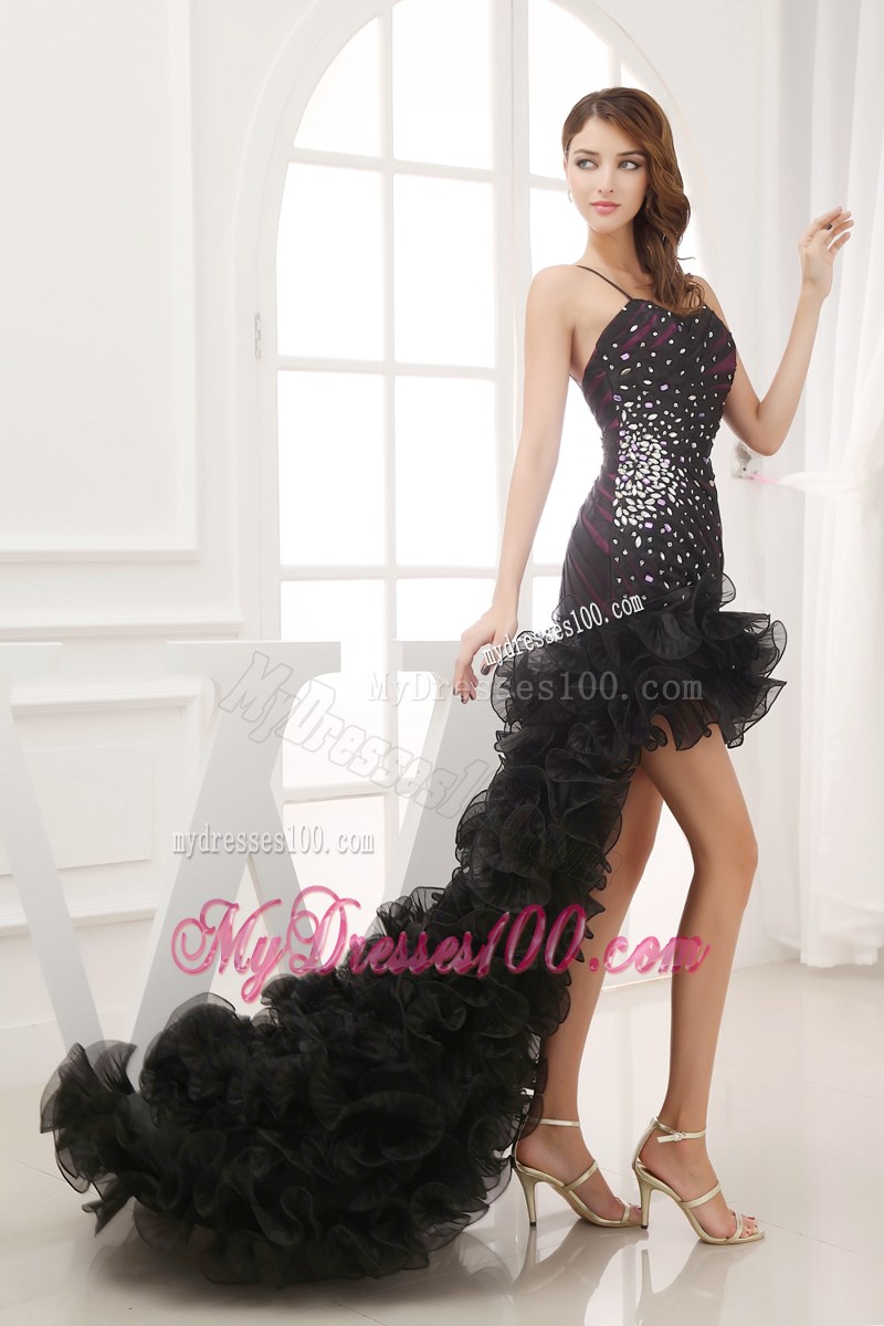 Beaded and Ruffled Black High-low Sweetheart Prom gown with Spaghetti Straps