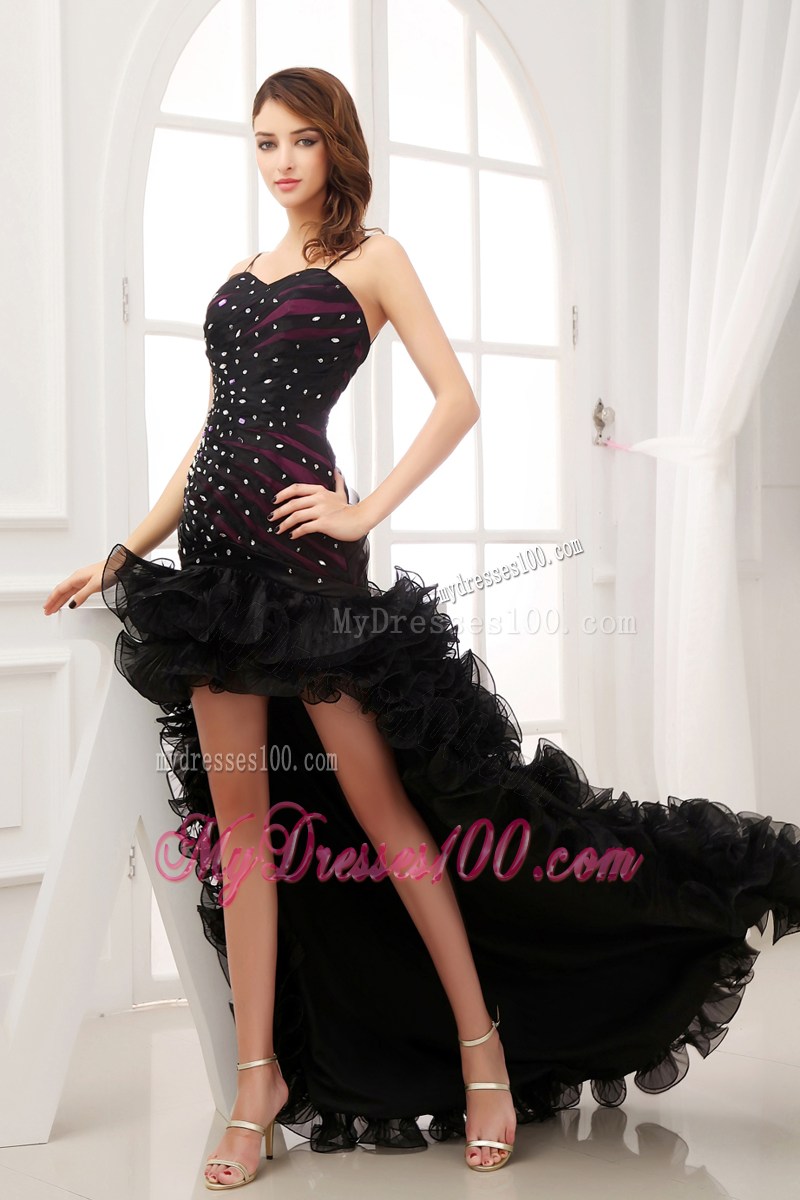 Beaded and Ruffled Black High-low Sweetheart Prom gown with Spaghetti Straps