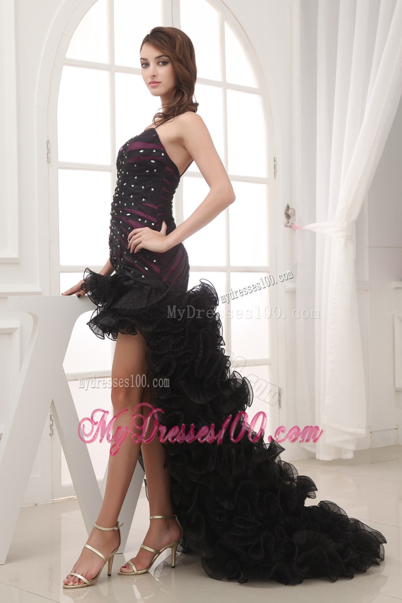 Beaded and Ruffled Black High-low Sweetheart Prom gown with Spaghetti Straps