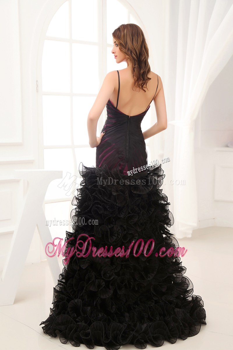 Beaded and Ruffled Black High-low Sweetheart Prom gown with Spaghetti Straps