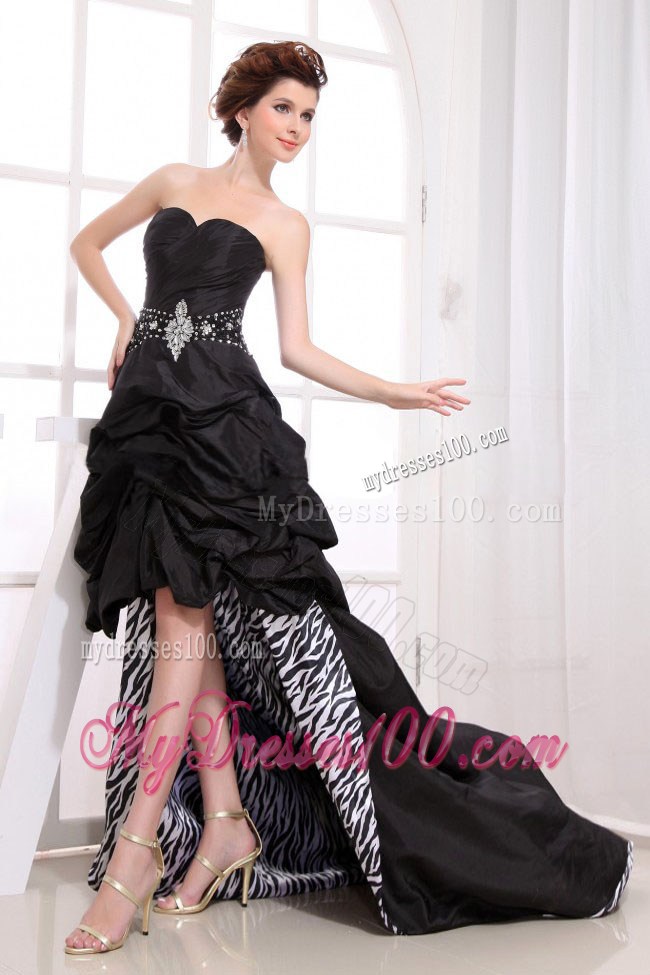 Beading and Pick-ups Decorate Black Prom Dress with Zebra Print inside
