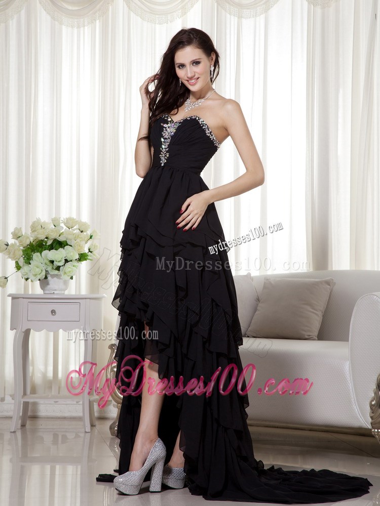 Black A-line Sweetheart High-low Beaded Prom Dress with Ruffles