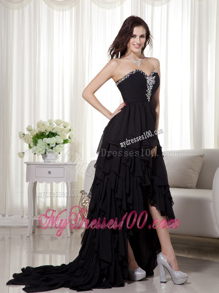 Black A-line Sweetheart High-low Beaded Prom Dress with Ruffles