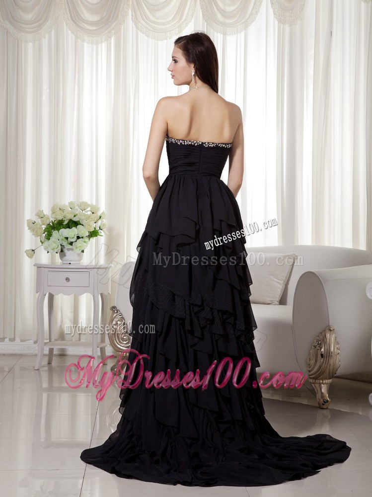 Black A-line Sweetheart High-low Beaded Prom Dress with Ruffles