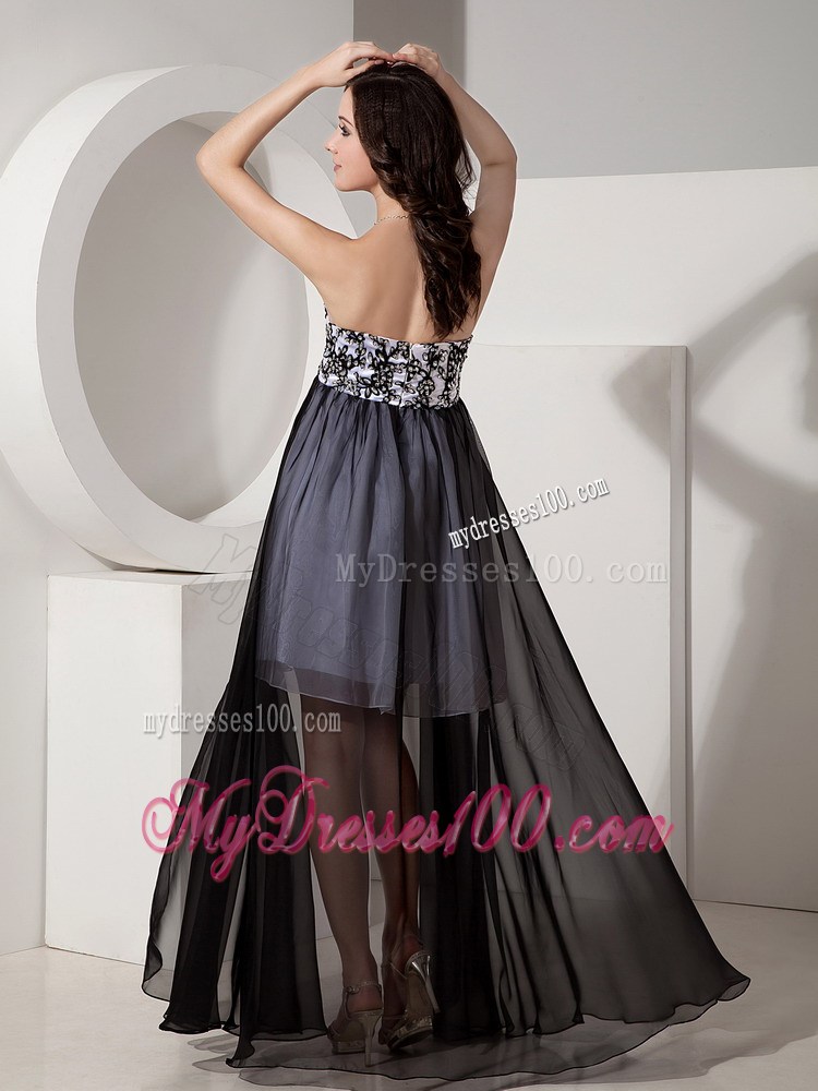 Black and White Chiffon Appliqued Sweetheart Prom Gown in High-low Style