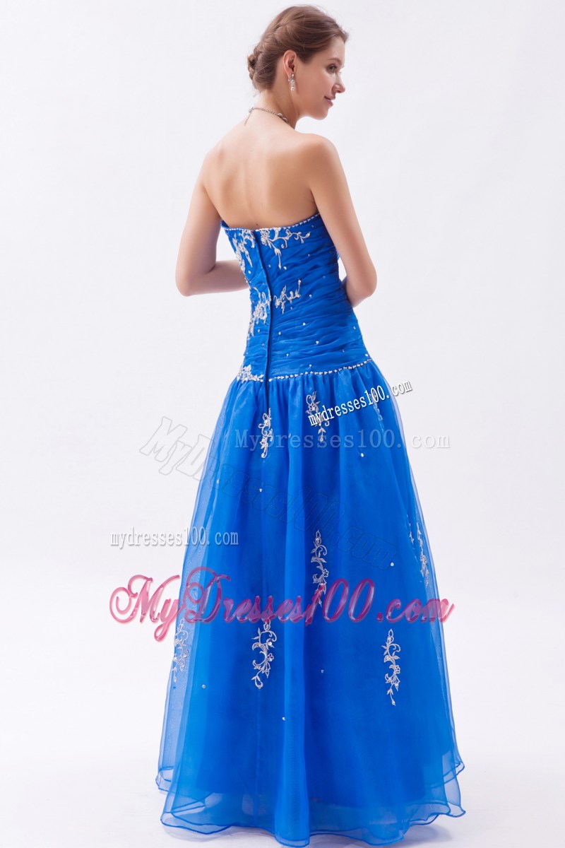 Strapless Blue A-line Sweetheart Prom Dress with Embroidery and Beading