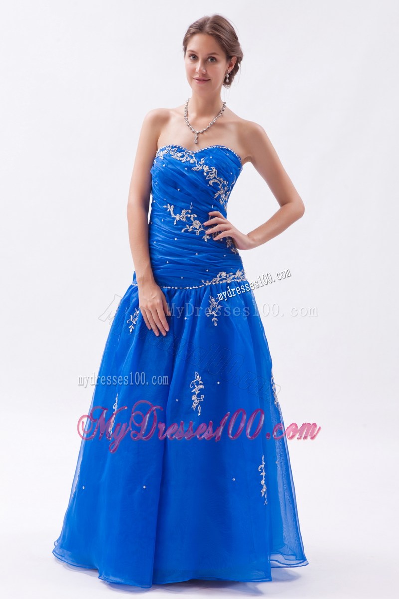 Strapless Blue A-line Sweetheart Prom Dress with Embroidery and Beading