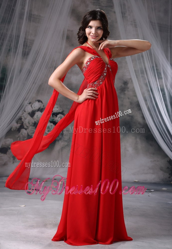 Halter V-neck Beading and Ruches Decorate on Floor-length Chiffon Prom Gown